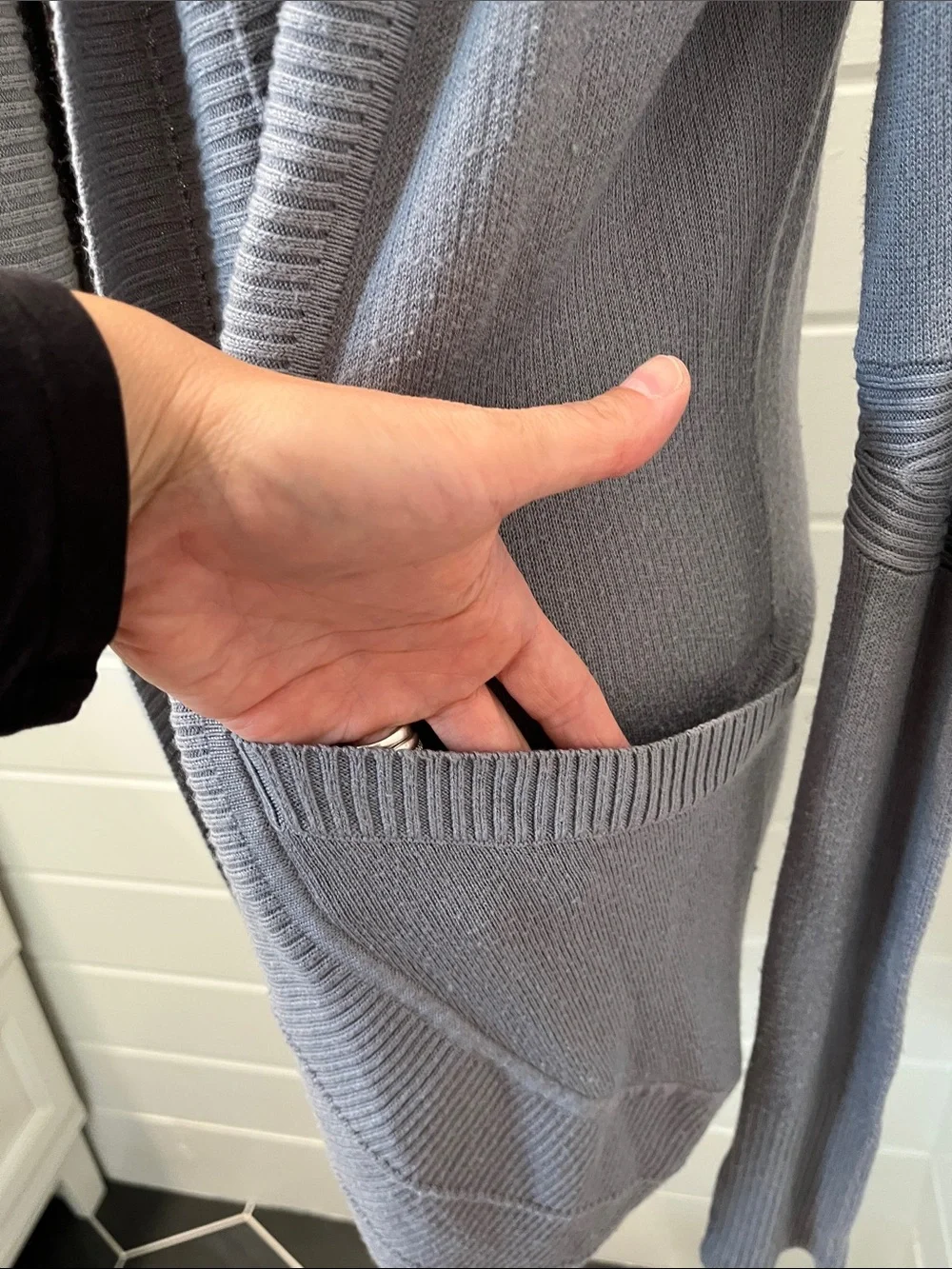 Gray Open-Front Ribbed Shawl Collar Sweater